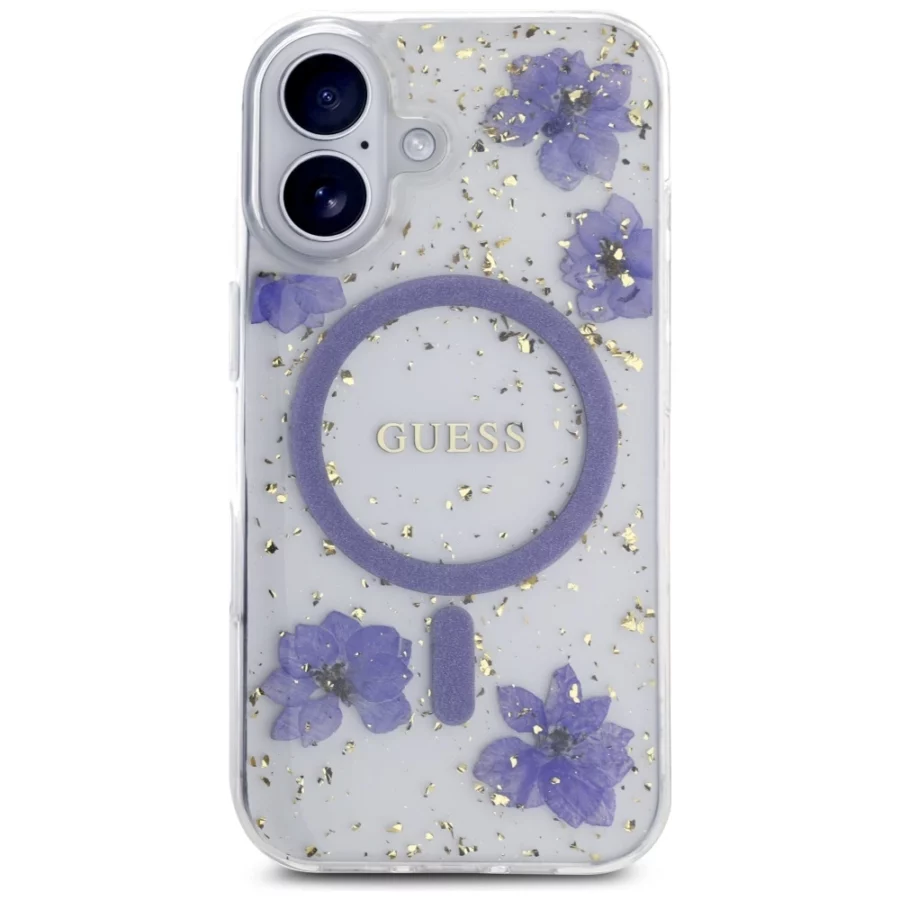 Etui Guess Resin Flowers Glitter MagSafe na iPhone 16 - fioletowe