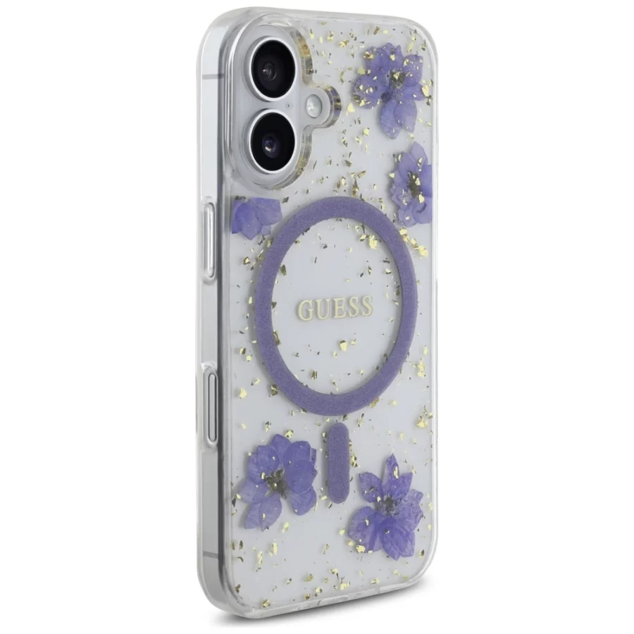 Etui Guess Resin Flowers Glitter MagSafe na iPhone 16 - fioletowe
