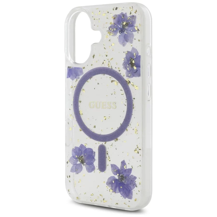 Etui Guess Resin Flowers Glitter MagSafe na iPhone 16 - fioletowe