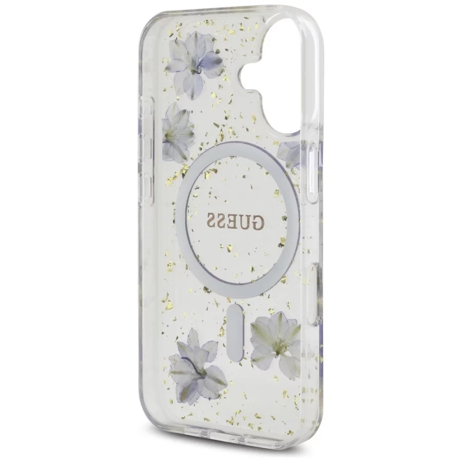 Etui Guess Resin Flowers Glitter MagSafe na iPhone 16 - fioletowe