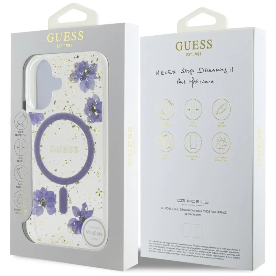 Etui Guess Resin Flowers Glitter MagSafe na iPhone 16 - fioletowe