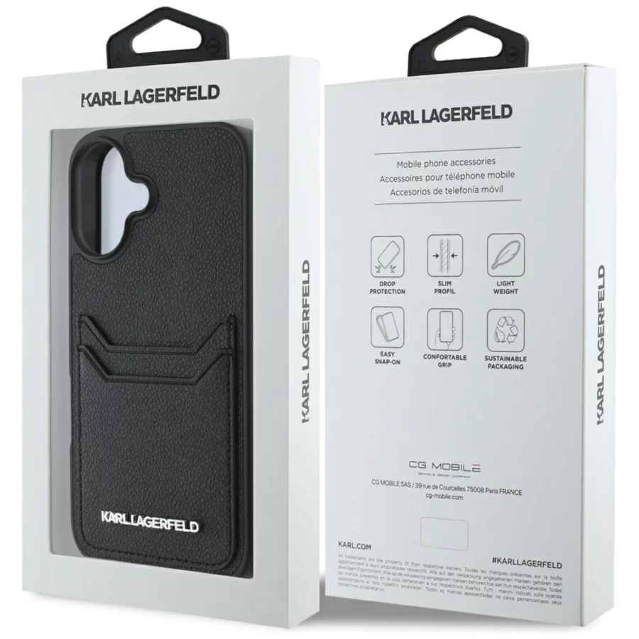 Etui Karl Lagerfeld HC Grained PU Cardslot Metal Elong na iPhone 16 - czarne