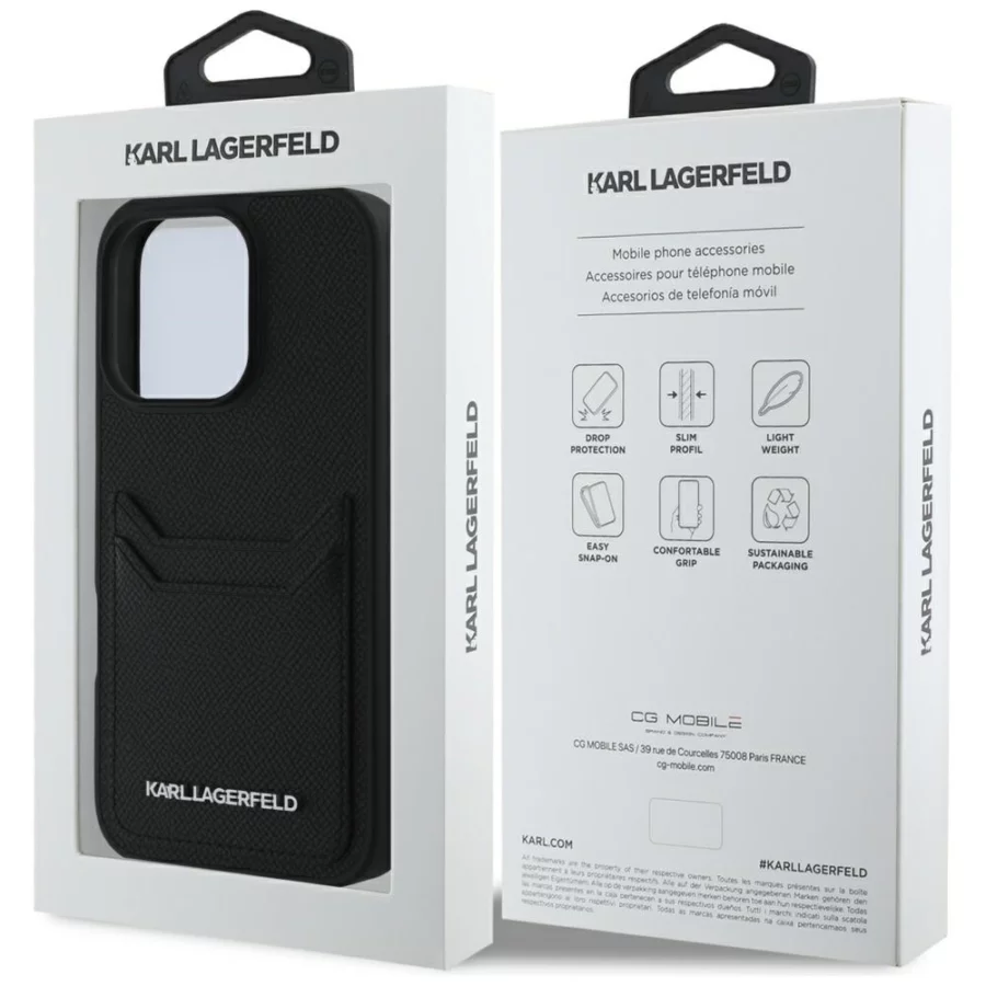 Etui Karl Lagerfeld HC Grained PU Cardslot Metal Elong na iPhone 16 Pro - czarne