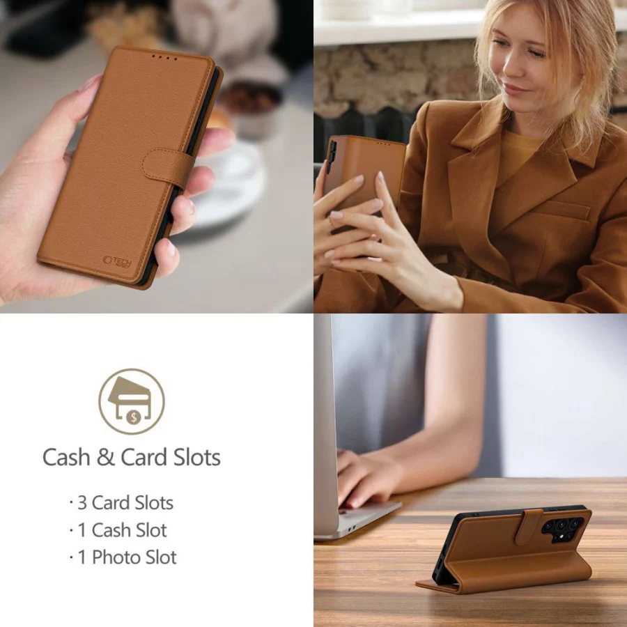 Etui Tech-Protect Wallet na iPhone 16e / 17e - brązowe