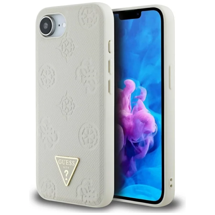 Etui Guess Grained Hot Stamp Peony Triangle Logo MagSafe na iPhone 16e - beżowe