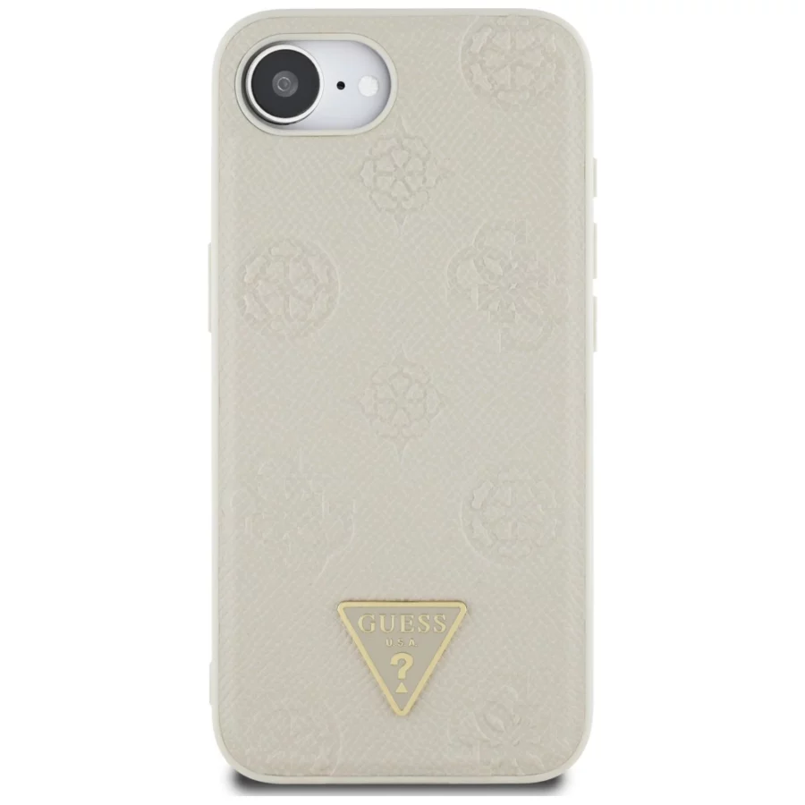 Etui Guess Grained Hot Stamp Peony Triangle Logo MagSafe na iPhone 16e - beżowe