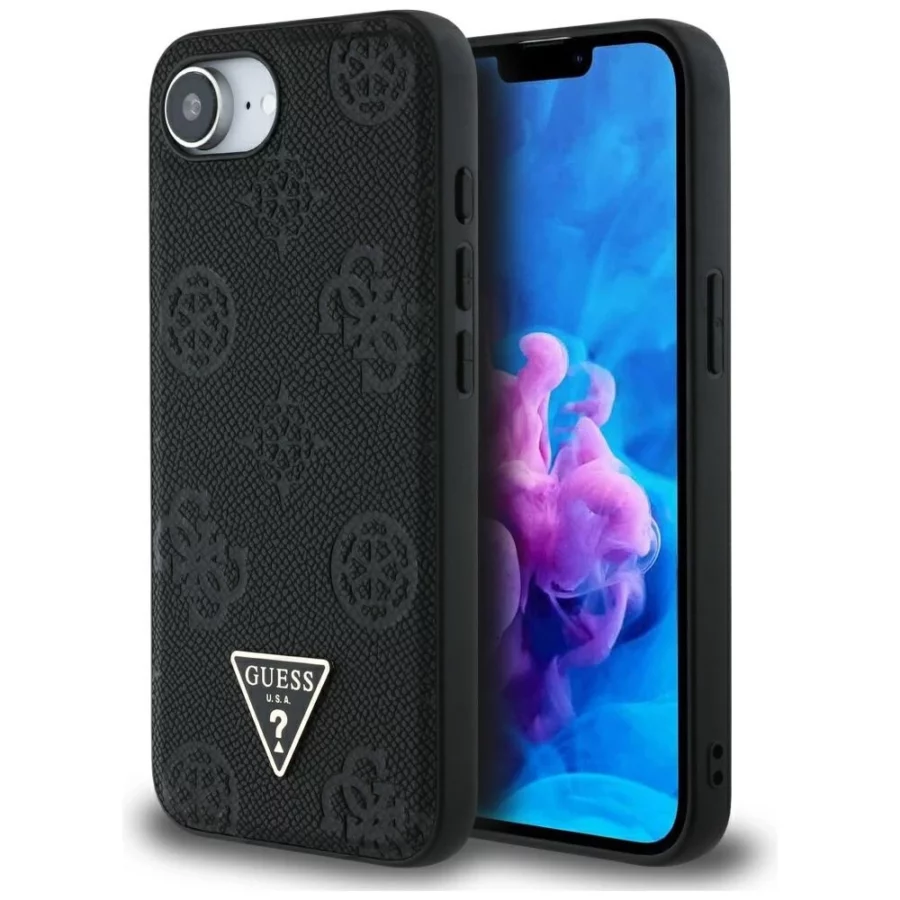 Etui Guess Grained Hot Stamp Peony Triangle Logo MagSafe na iPhone 16e - czarne