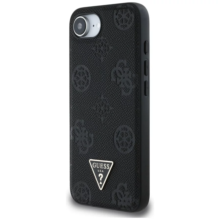 Etui Guess Grained Hot Stamp Peony Triangle Logo MagSafe na iPhone 16e - czarne
