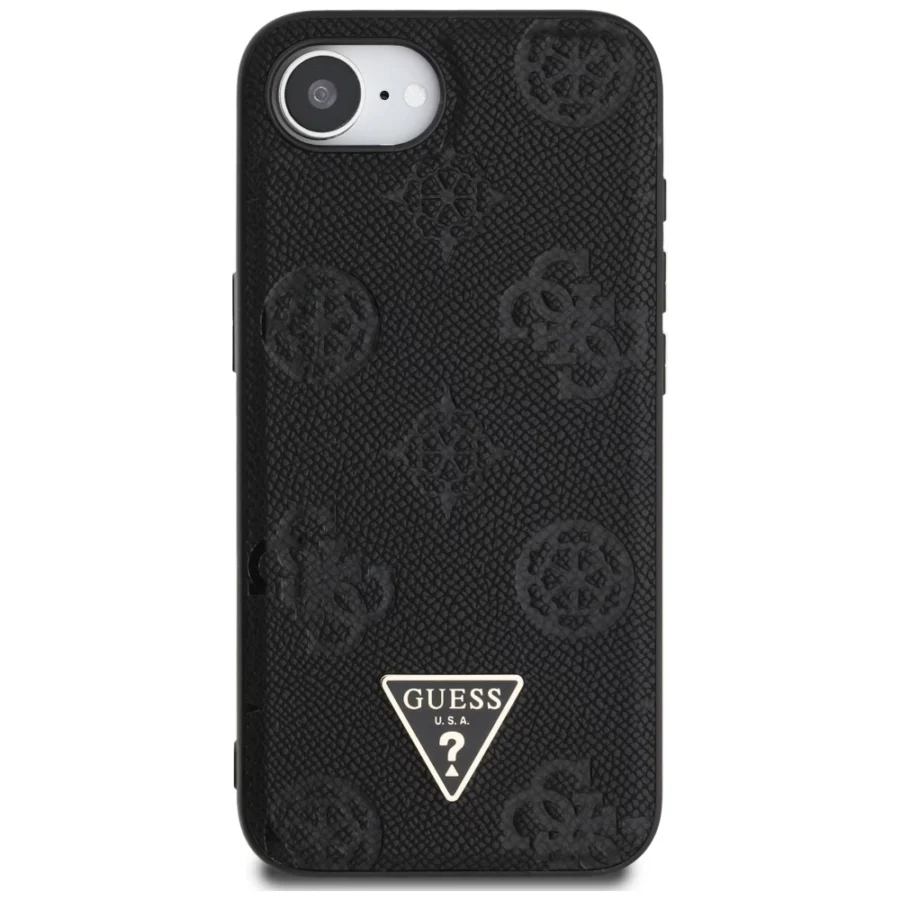Etui Guess Grained Hot Stamp Peony Triangle Logo MagSafe na iPhone 16e - czarne