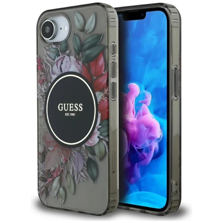 Etui Guess IML Flowers MagSafe na iPhone 16e - czarne