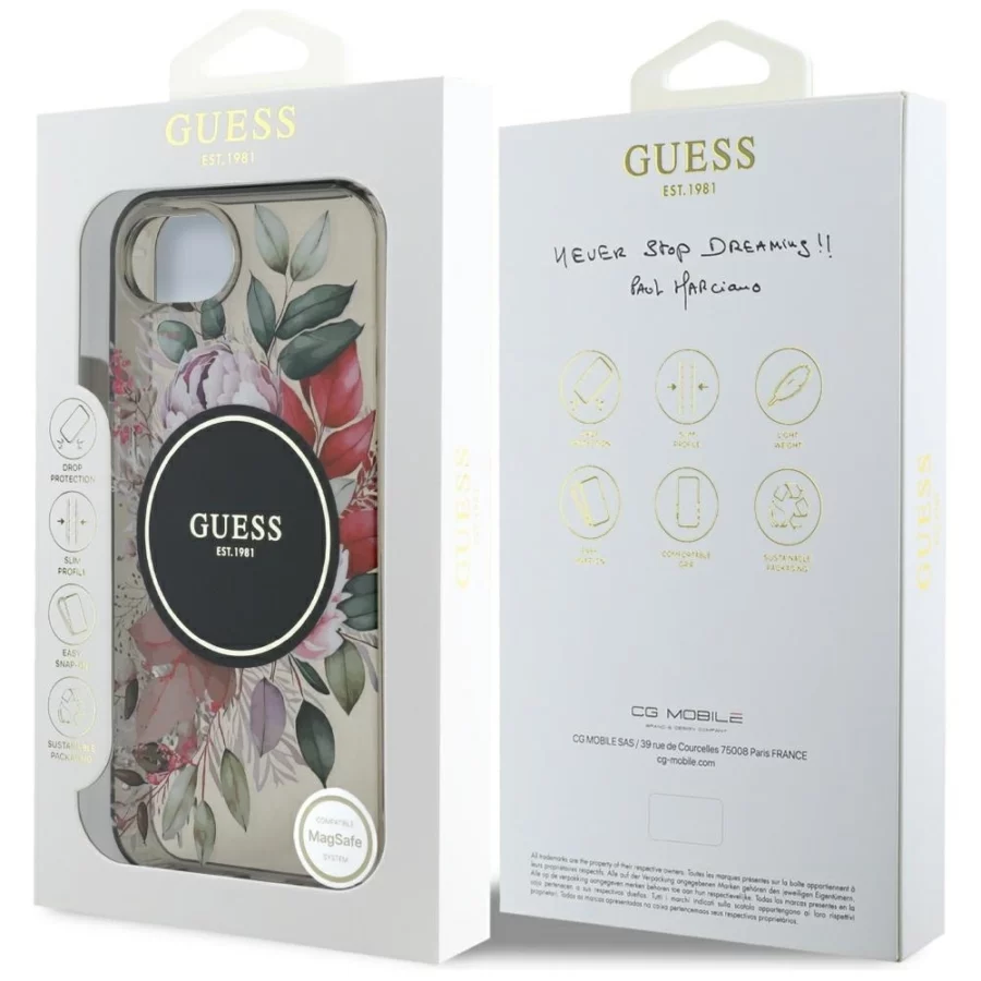 Etui Guess IML Flowers MagSafe na iPhone 16e - czarne