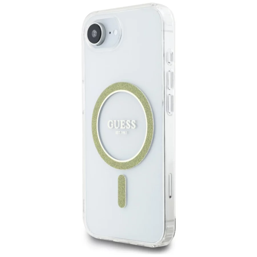 Etui Guess IML Glitter Circle MagSafe na iPhone 16e - przezroczyste