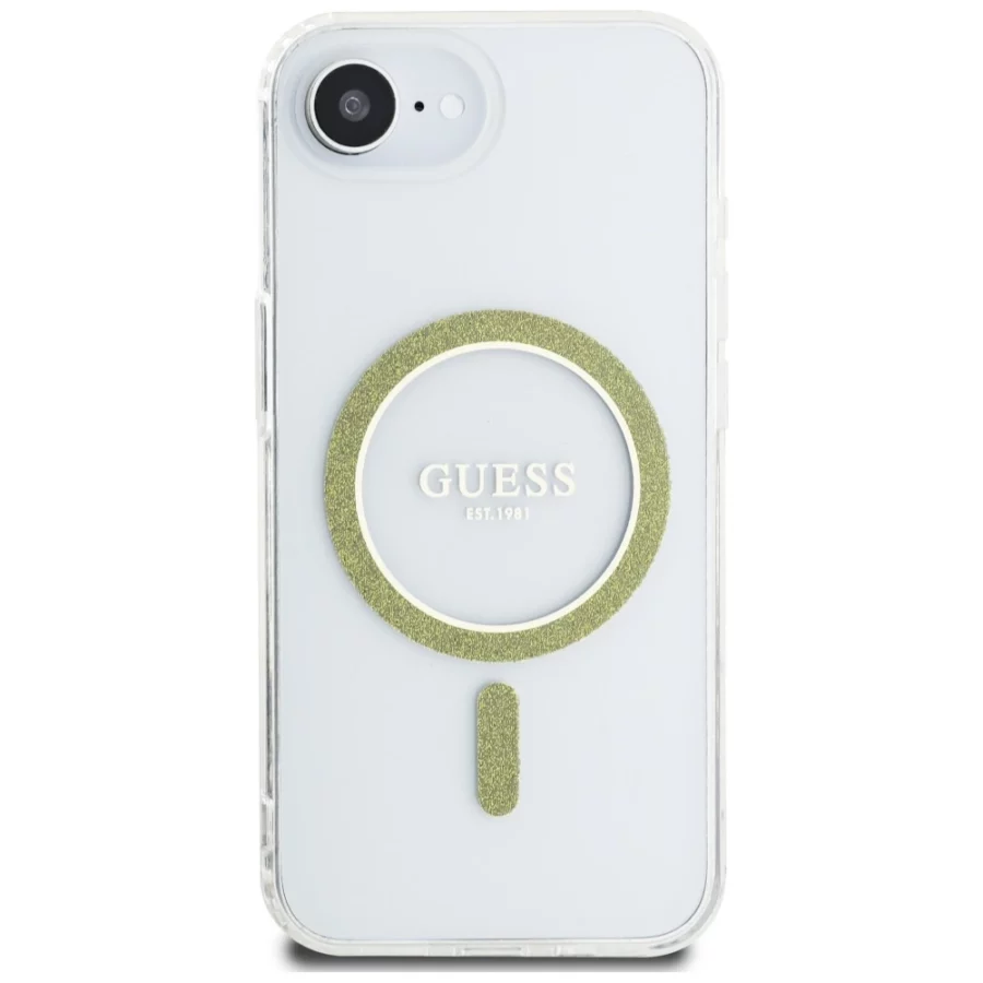 Etui Guess IML Glitter Circle MagSafe na iPhone 16e - przezroczyste