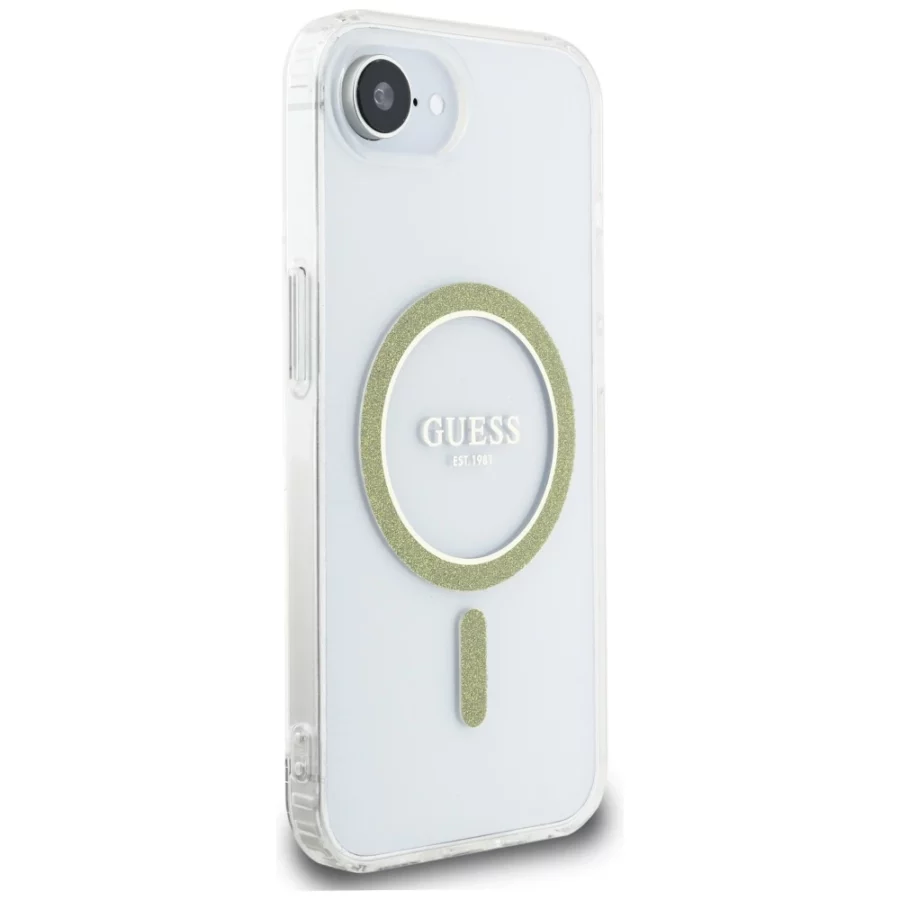 Etui Guess IML Glitter Circle MagSafe na iPhone 16e - przezroczyste