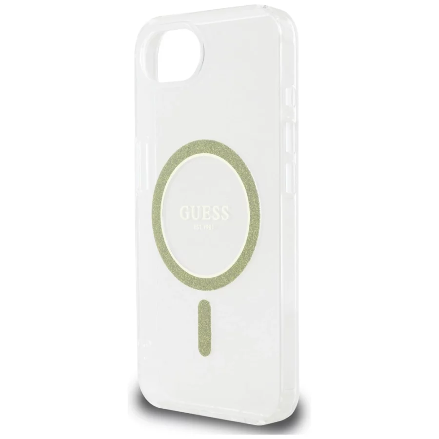 Etui Guess IML Glitter Circle MagSafe na iPhone 16e - przezroczyste