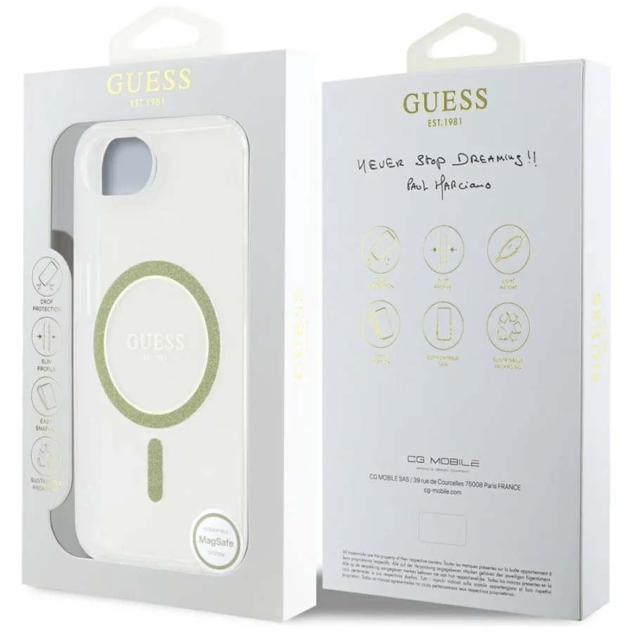 Etui Guess IML Glitter Circle MagSafe na iPhone 16e - przezroczyste