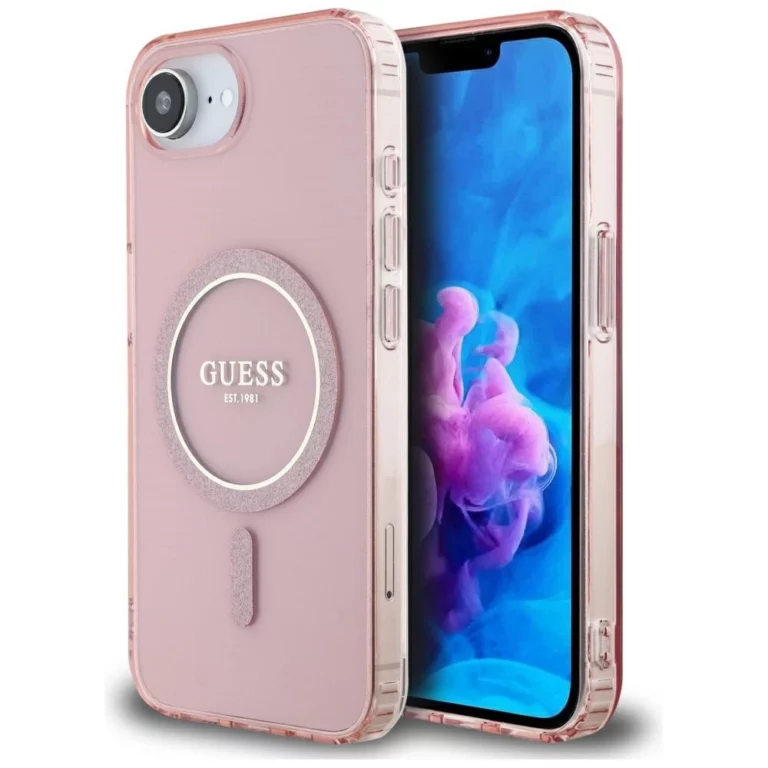 Etui Guess IML Glitter Circle MagSafe na iPhone 16e - różowe