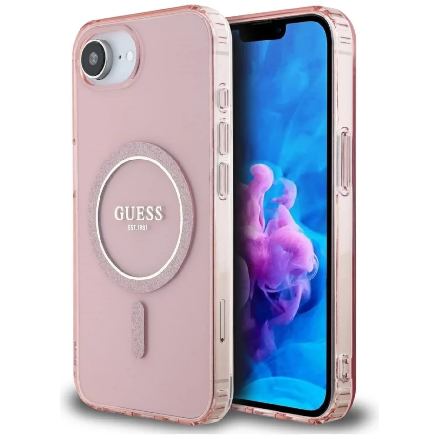 Etui Guess IML Glitter Circle MagSafe na iPhone 16e - różowe
