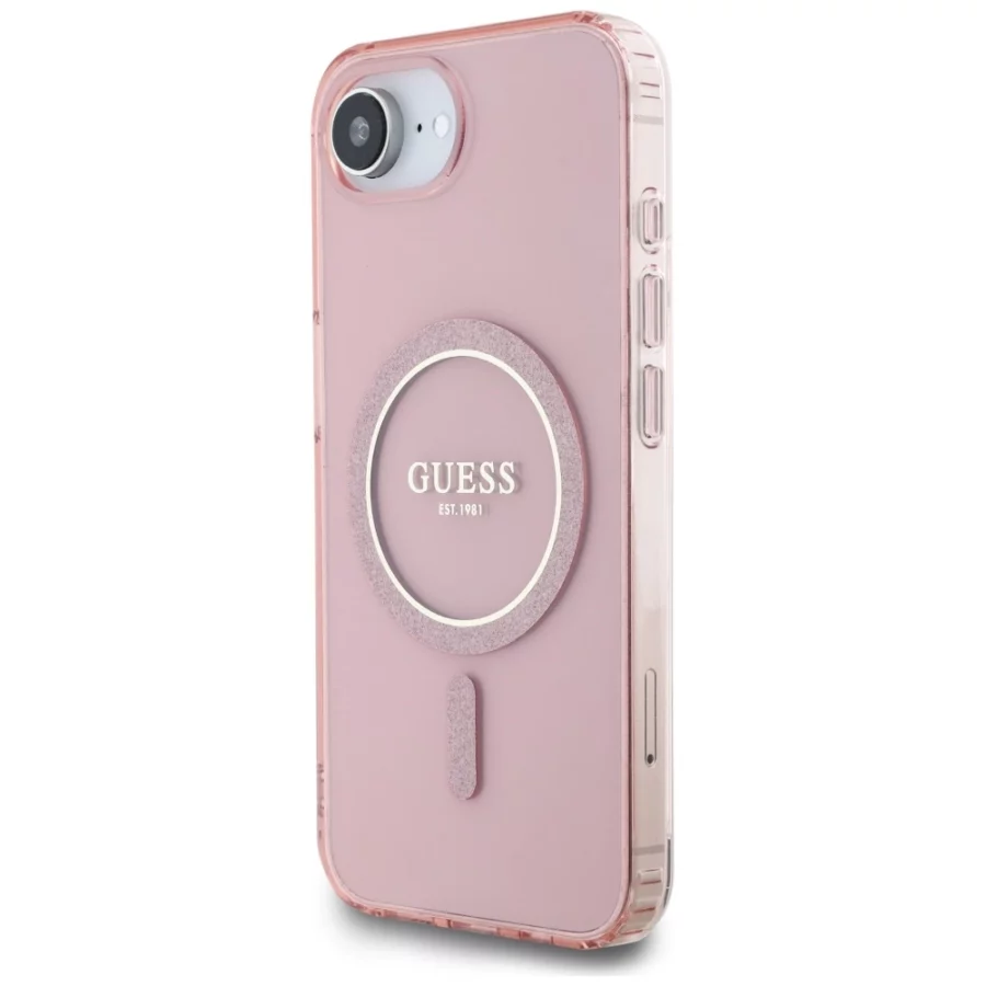 Etui Guess IML Glitter Circle MagSafe na iPhone 16e - różowe