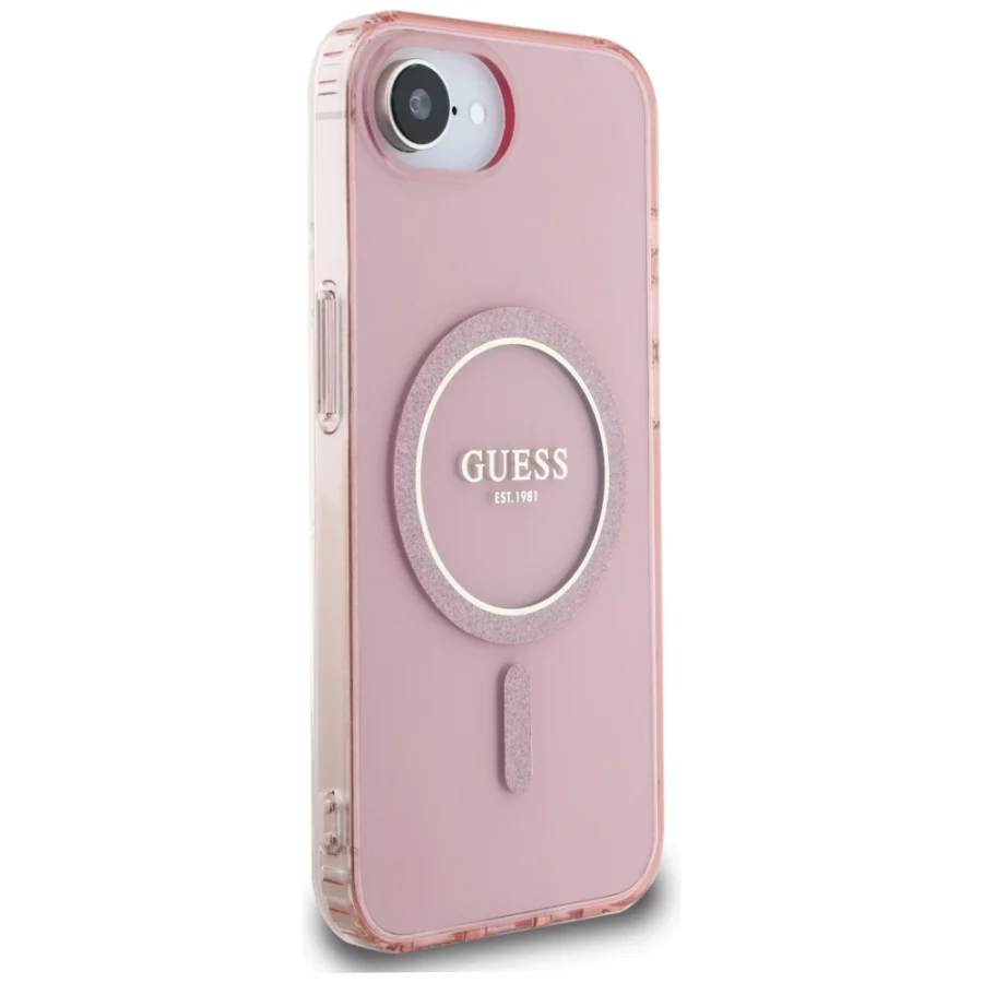Etui Guess IML Glitter Circle MagSafe na iPhone 16e - różowe