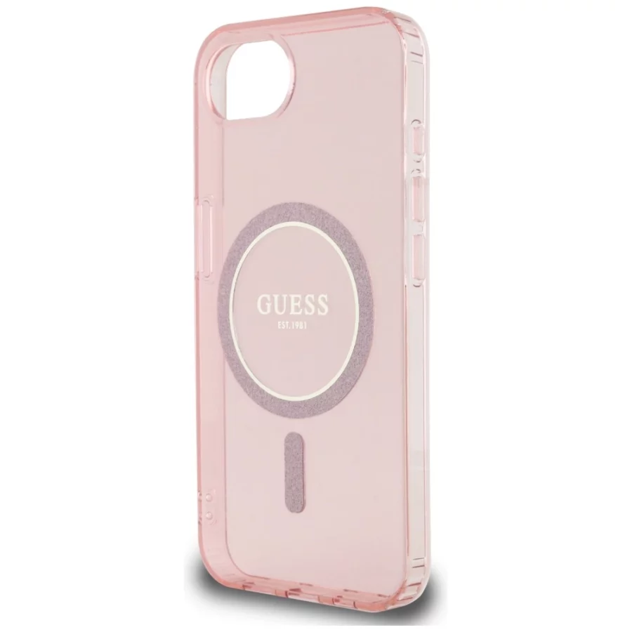 Etui Guess IML Glitter Circle MagSafe na iPhone 16e - różowe