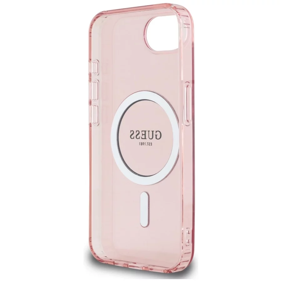 Etui Guess IML Glitter Circle MagSafe na iPhone 16e - różowe