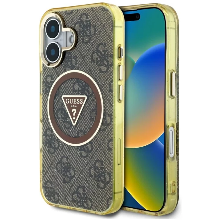 Etui Guess IML Metal Glitter 4G Circle Triangle MagSafe na iPhone 16 - brązowy