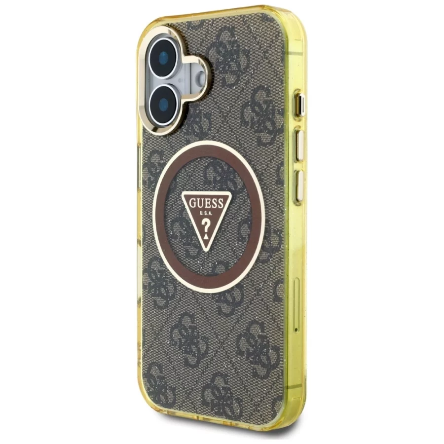 Etui Guess IML Metal Glitter 4G Circle Triangle MagSafe na iPhone 16 - brązowy