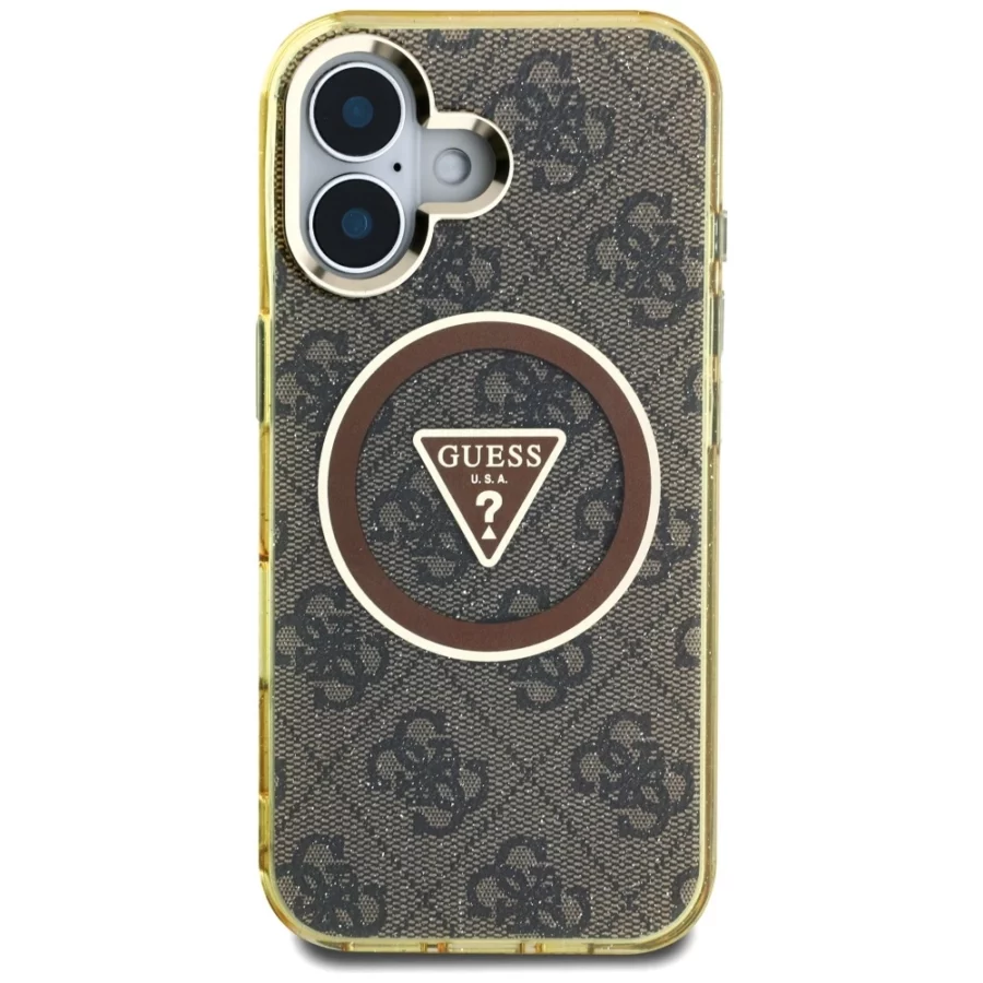 Etui Guess IML Metal Glitter 4G Circle Triangle MagSafe na iPhone 16 - brązowy