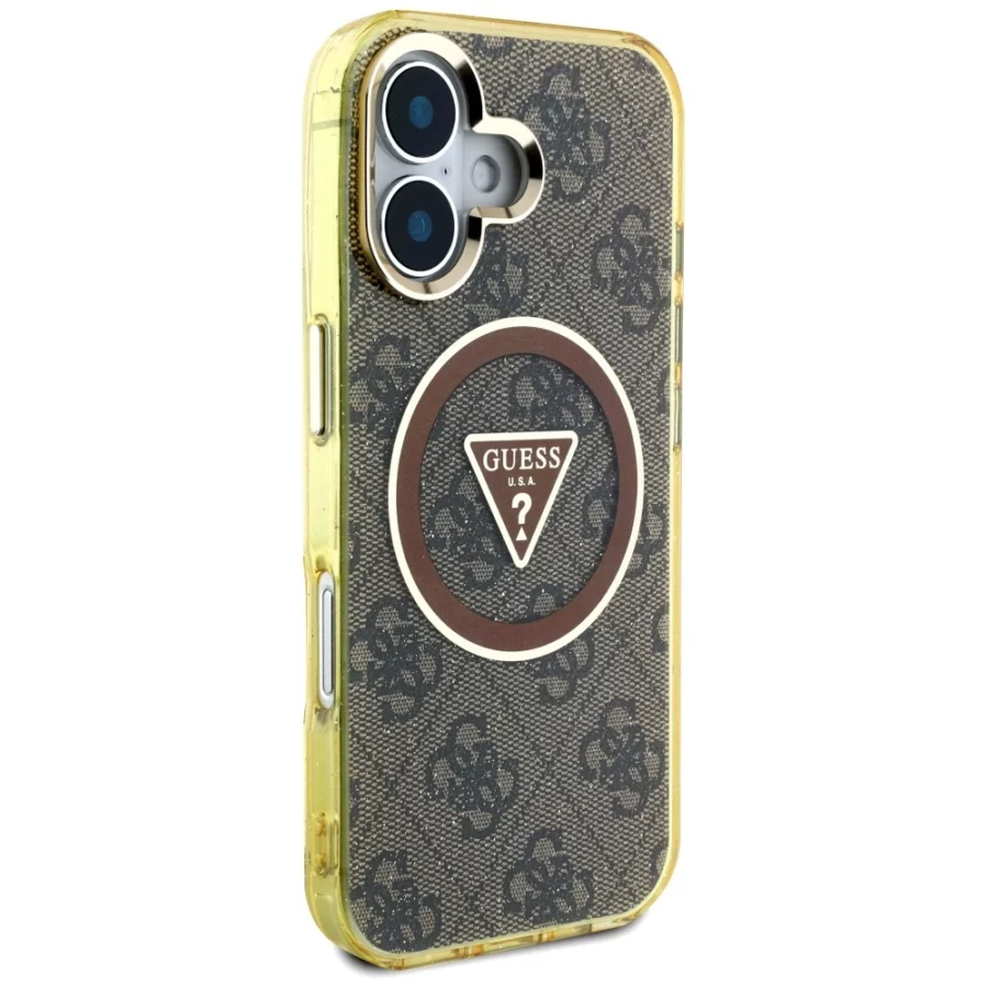 Etui Guess IML Metal Glitter 4G Circle Triangle MagSafe na iPhone 16 - brązowy