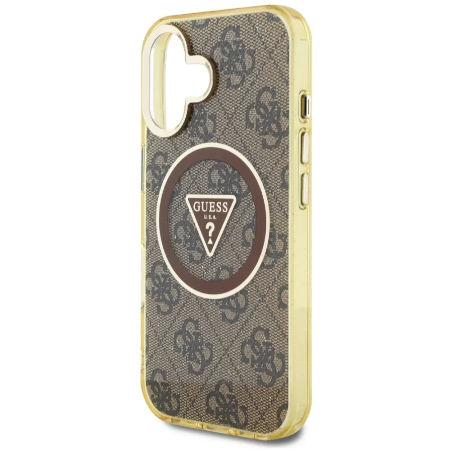 Etui Guess IML Metal Glitter 4G Circle Triangle MagSafe na iPhone 16 - brązowy