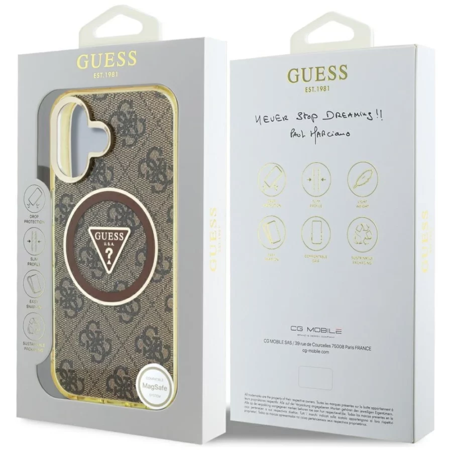 Etui Guess IML Metal Glitter 4G Circle Triangle MagSafe na iPhone 16 - brązowy