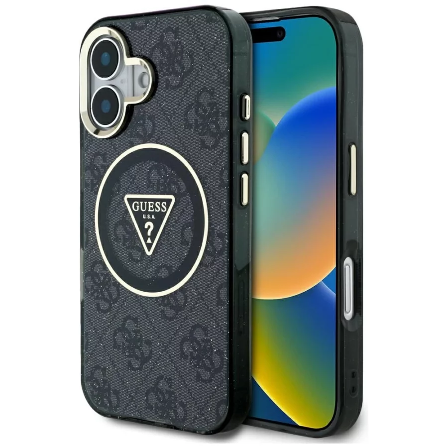 Etui Guess IML Metal Glitter 4G Circle Triangle MagSafe na iPhone 16 - czarne