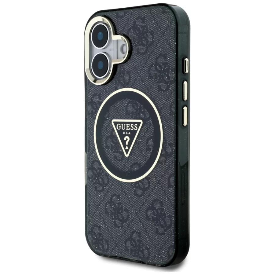 Etui Guess IML Metal Glitter 4G Circle Triangle MagSafe na iPhone 16 - czarne