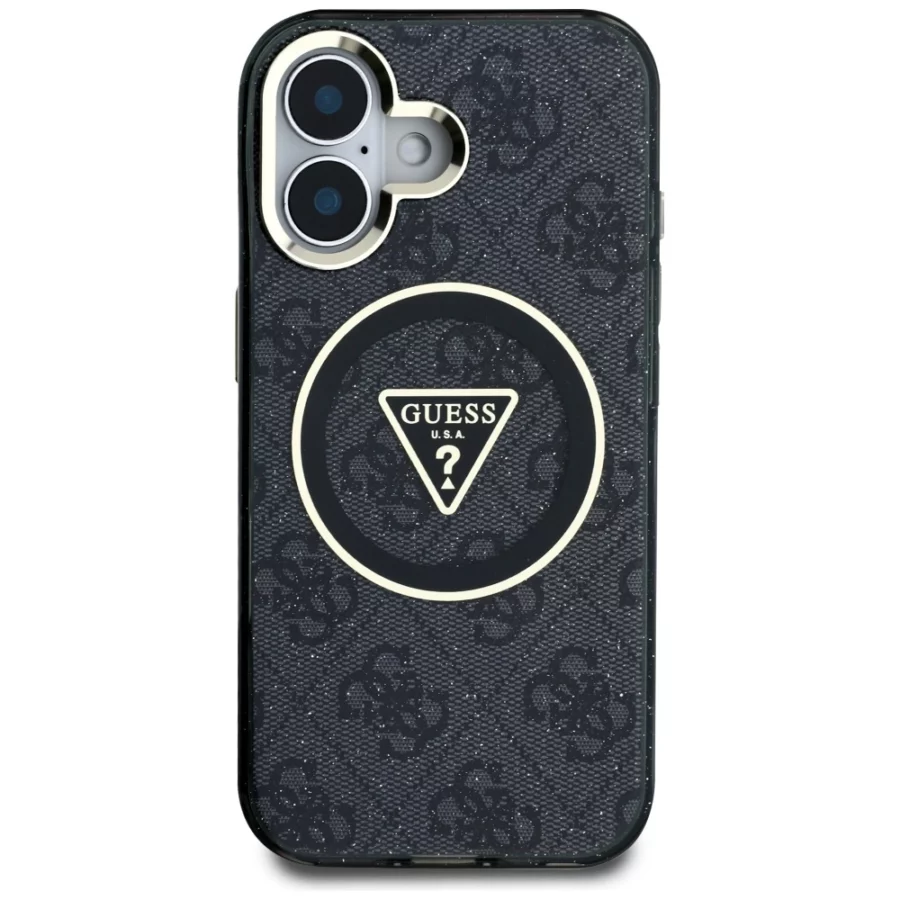 Etui Guess IML Metal Glitter 4G Circle Triangle MagSafe na iPhone 16 - czarne