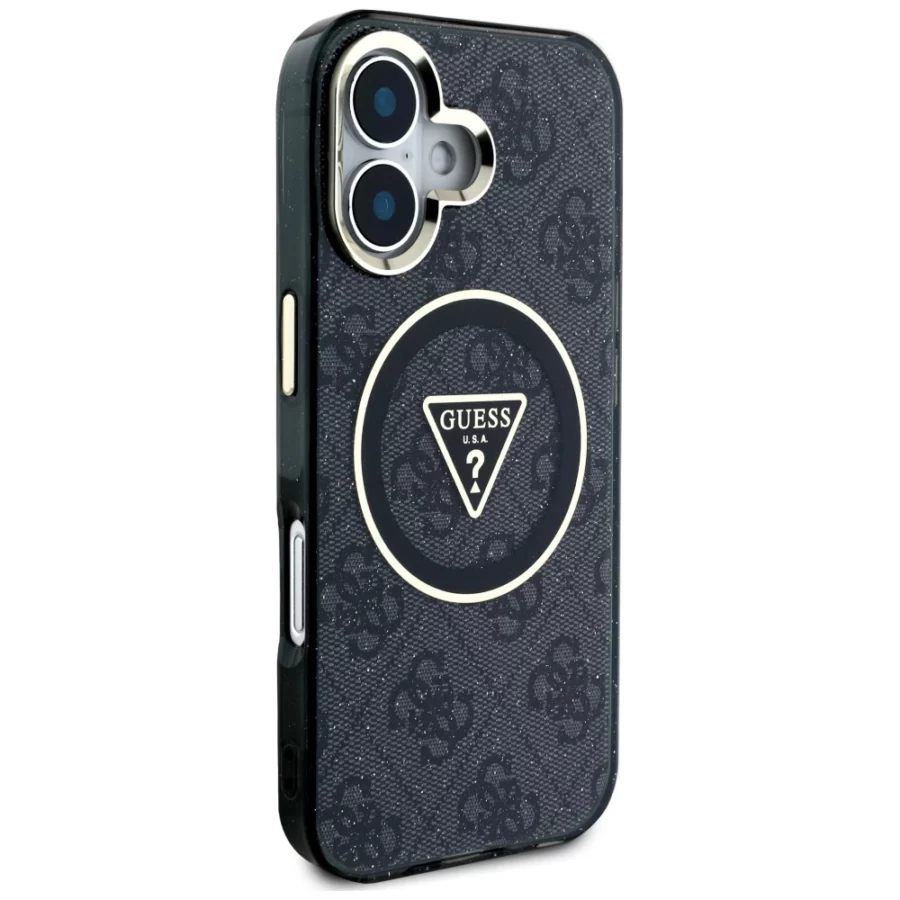 Etui Guess IML Metal Glitter 4G Circle Triangle MagSafe na iPhone 16 - czarne