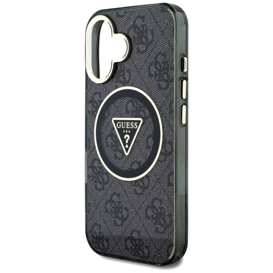 Etui Guess IML Metal Glitter 4G Circle Triangle MagSafe na iPhone 16 - czarne