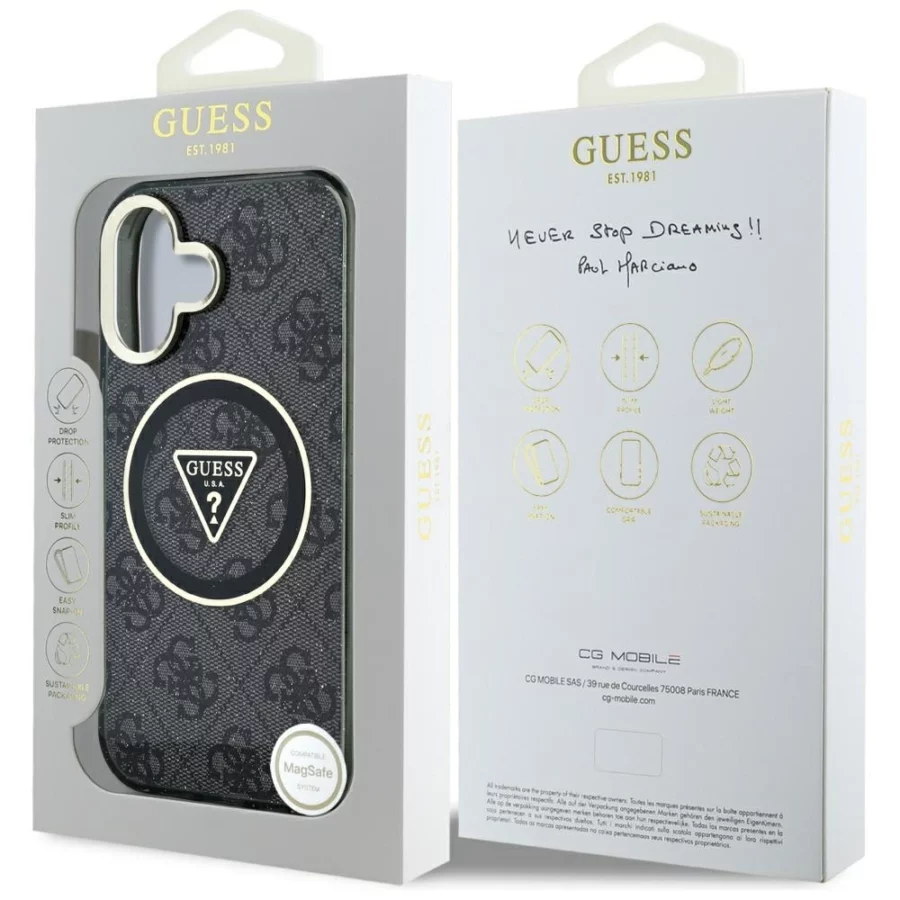 Etui Guess IML Metal Glitter 4G Circle Triangle MagSafe na iPhone 16 - czarne