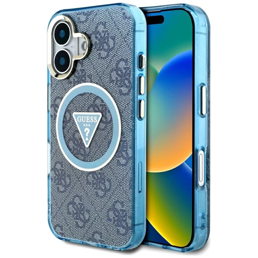 Etui Guess IML Metal Glitter 4G Circle Triangle MagSafe na iPhone 16 - niebieskie