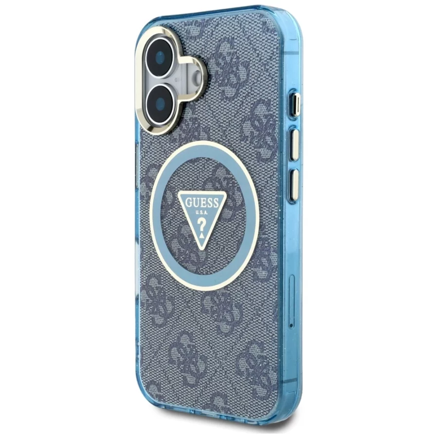Etui Guess IML Metal Glitter 4G Circle Triangle MagSafe na iPhone 16 - niebieskie
