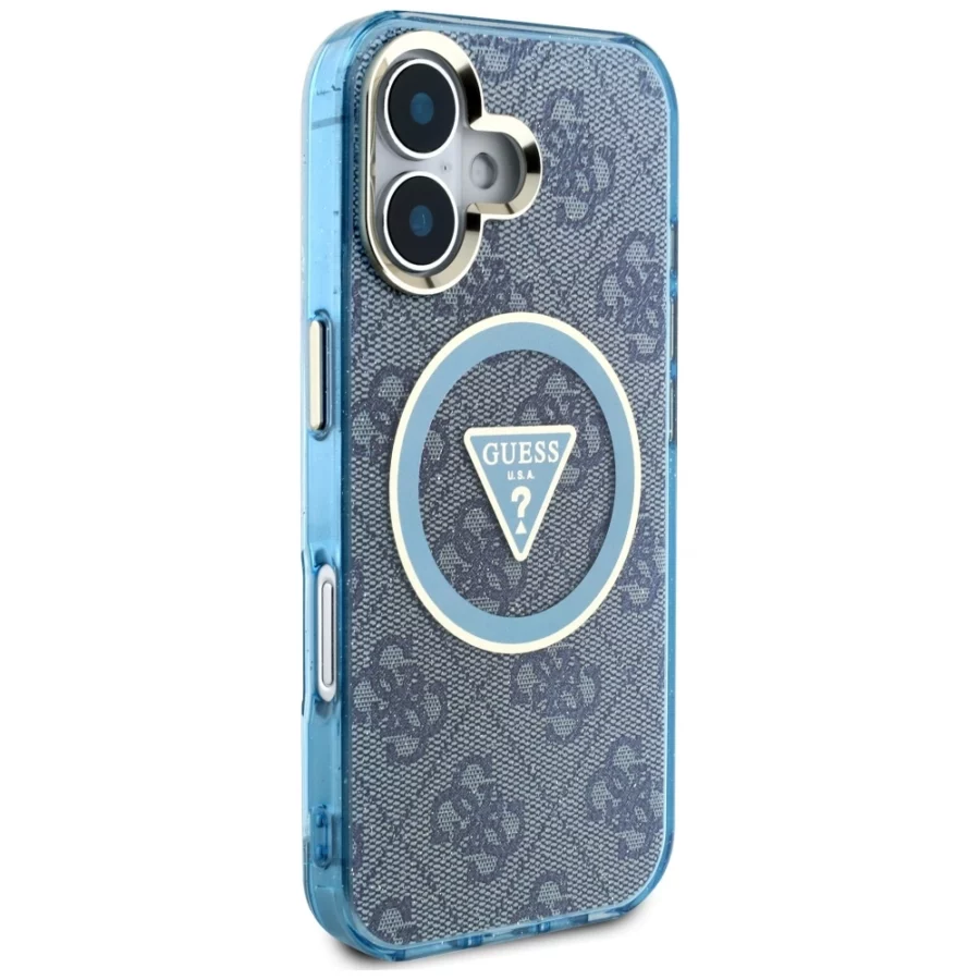 Etui Guess IML Metal Glitter 4G Circle Triangle MagSafe na iPhone 16 - niebieskie
