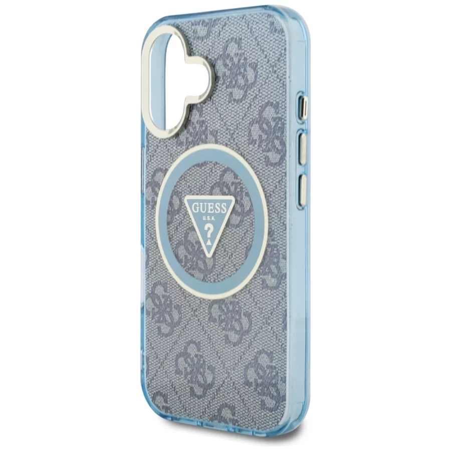 Etui Guess IML Metal Glitter 4G Circle Triangle MagSafe na iPhone 16 - niebieskie
