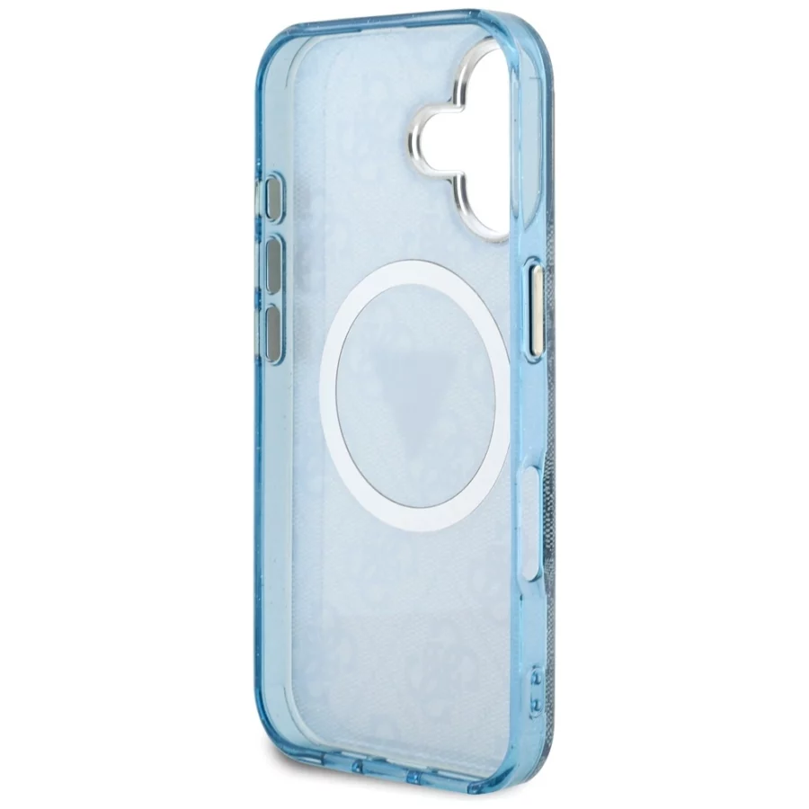 Etui Guess IML Metal Glitter 4G Circle Triangle MagSafe na iPhone 16 - niebieskie