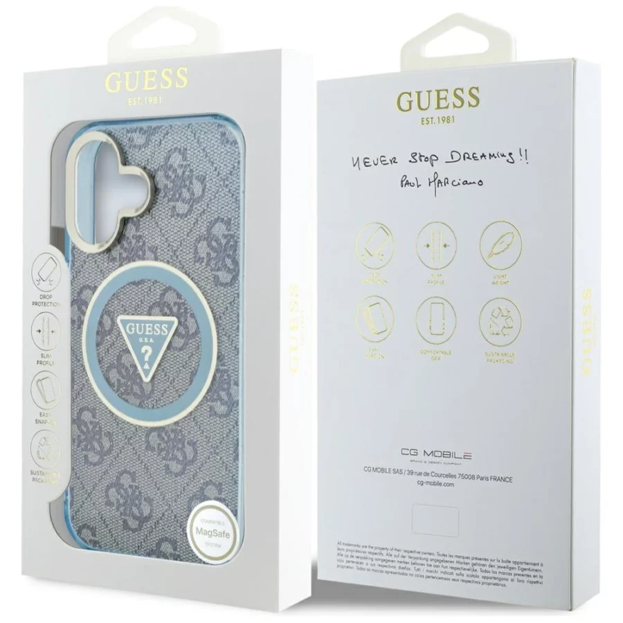 Etui Guess IML Metal Glitter 4G Circle Triangle MagSafe na iPhone 16 - niebieskie