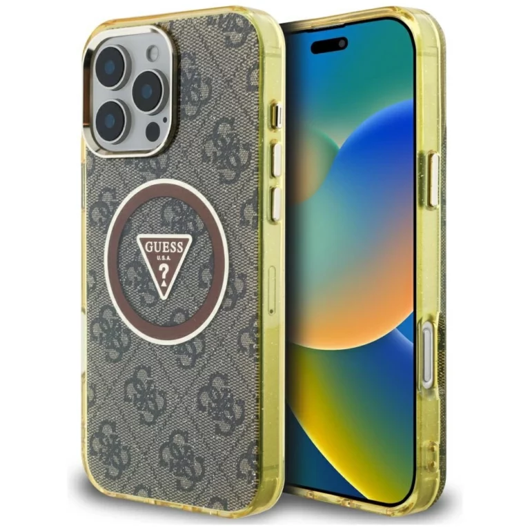 Etui Guess IML Metal Glitter 4G Circle Triangle MagSafe na iPhone 16 Pro - brązowe