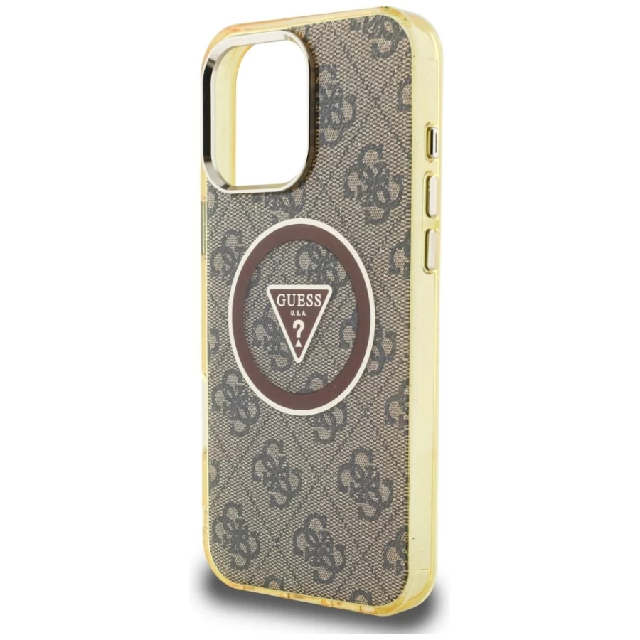 Etui Guess IML Metal Glitter 4G Circle Triangle MagSafe na iPhone 16 Pro - brązowe