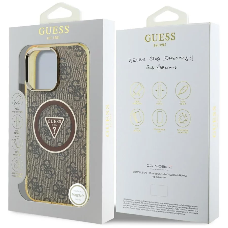 Etui Guess IML Metal Glitter 4G Circle Triangle MagSafe na iPhone 16 Pro - brązowe