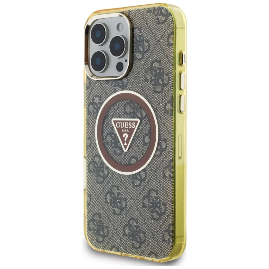 Etui Guess IML Metal Glitter 4G Circle Triangle MagSafe na iPhone 16 Pro Max - brązowe
