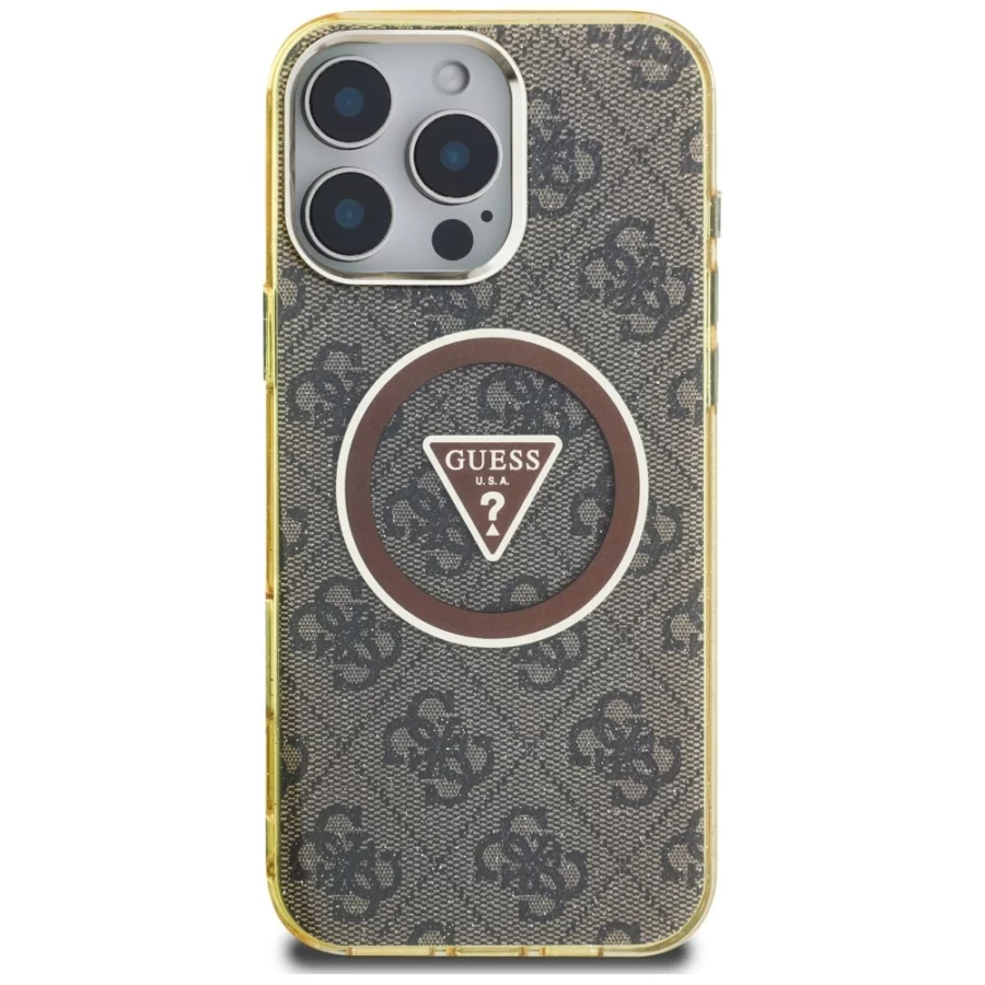 Etui Guess IML Metal Glitter 4G Circle Triangle MagSafe na iPhone 16 Pro Max - brązowe