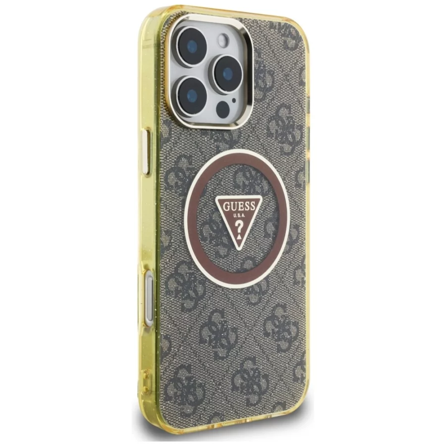 Etui Guess IML Metal Glitter 4G Circle Triangle MagSafe na iPhone 16 Pro Max - brązowe